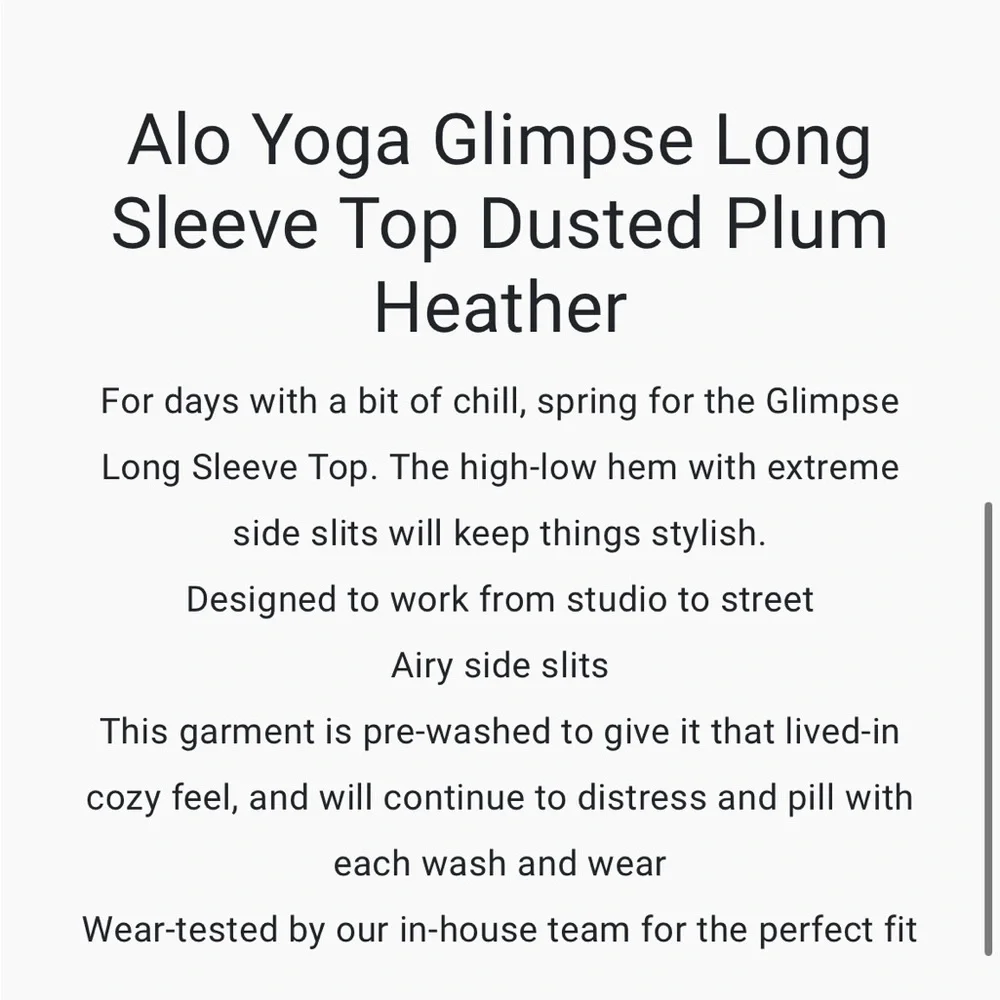 NWOT Alo Yoga Glimpse Split‎ Side Hem Long Sleeve Dusted Plum Heather Size Small